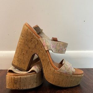 Lucky Brand Brown Leather Cork Platform Heels Embroidered Pastel